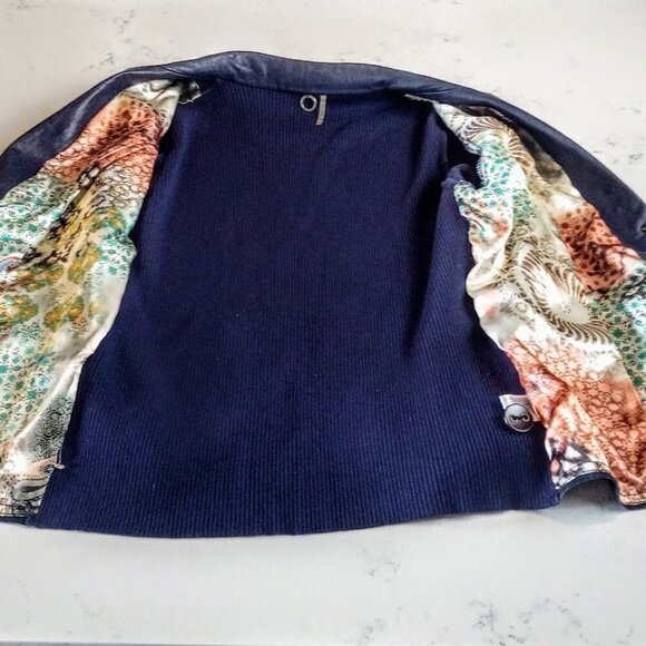Anthro One Girl Who Navy Blue Leather Knit Jacket - Picture 4 of 7